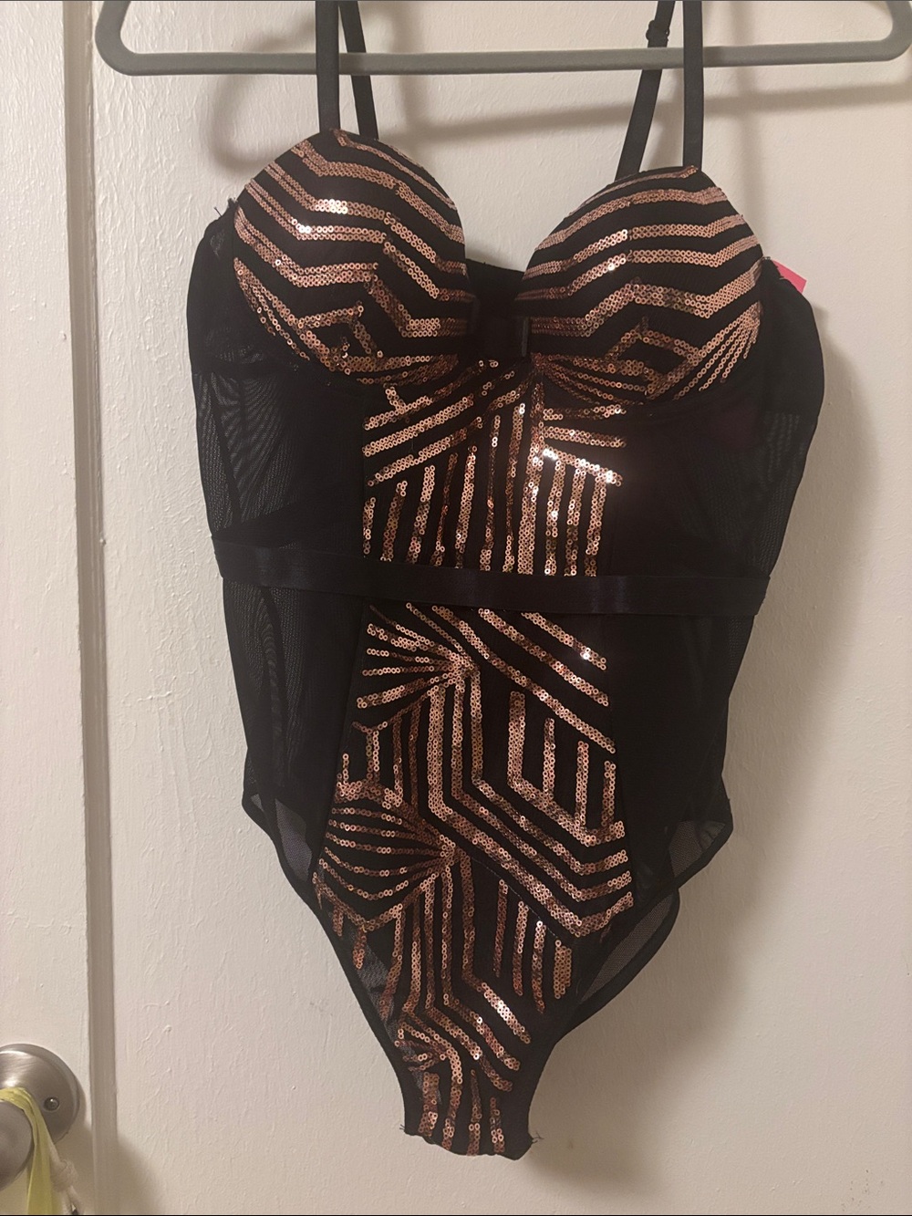 Sheer black and gold:bronze bodysuit or lingerie